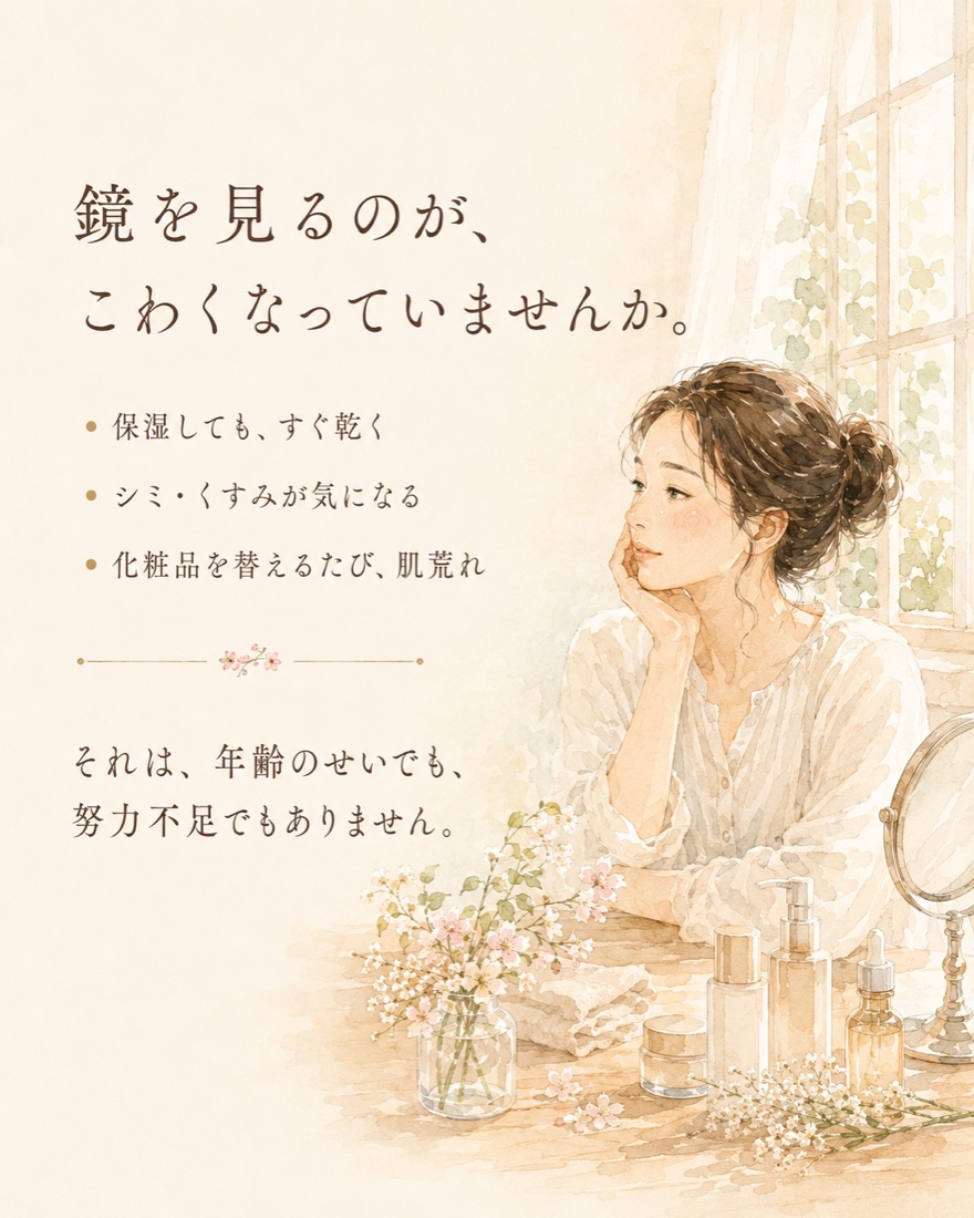鏡を見るのが、こわくなっていませんか。保湿してもすぐ乾く／シミ・くすみが気になる／化粧品を替えるたび、肌荒れ。それは、年齢のせいでも、努力不足でもありません。