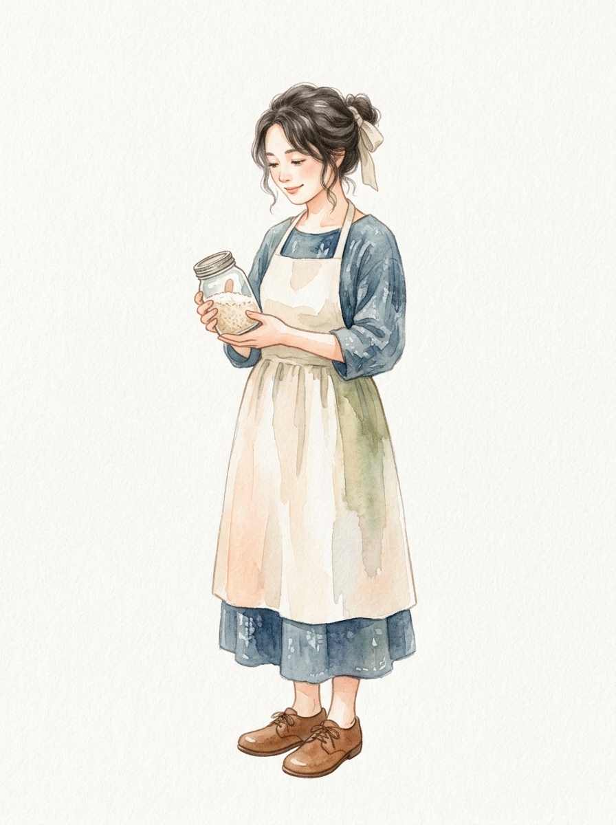 米麹をやさしく扱う女性のイラスト